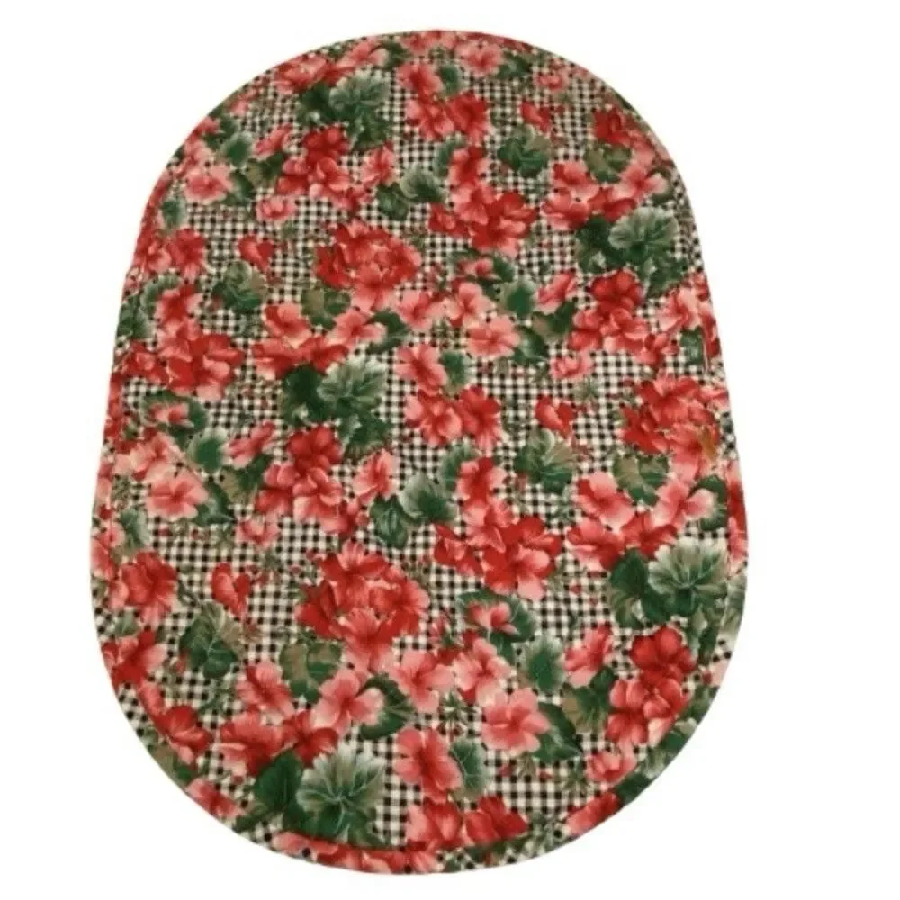 Set of 6 Vintage Floral Quilted Placemats Gingham Check Hibiscus Red Pink Oval